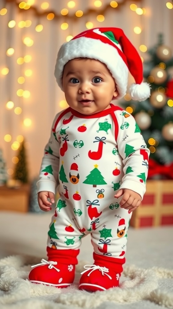 Infant Christmas Outfit for Sims 4 Infant in a Christmas outfit with onesie, booties, and hat, surrounded by festive decorations.